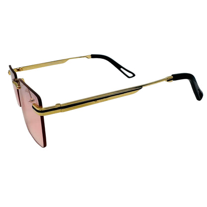 Gold-framed sunglasses with pink lenses on a light gray background