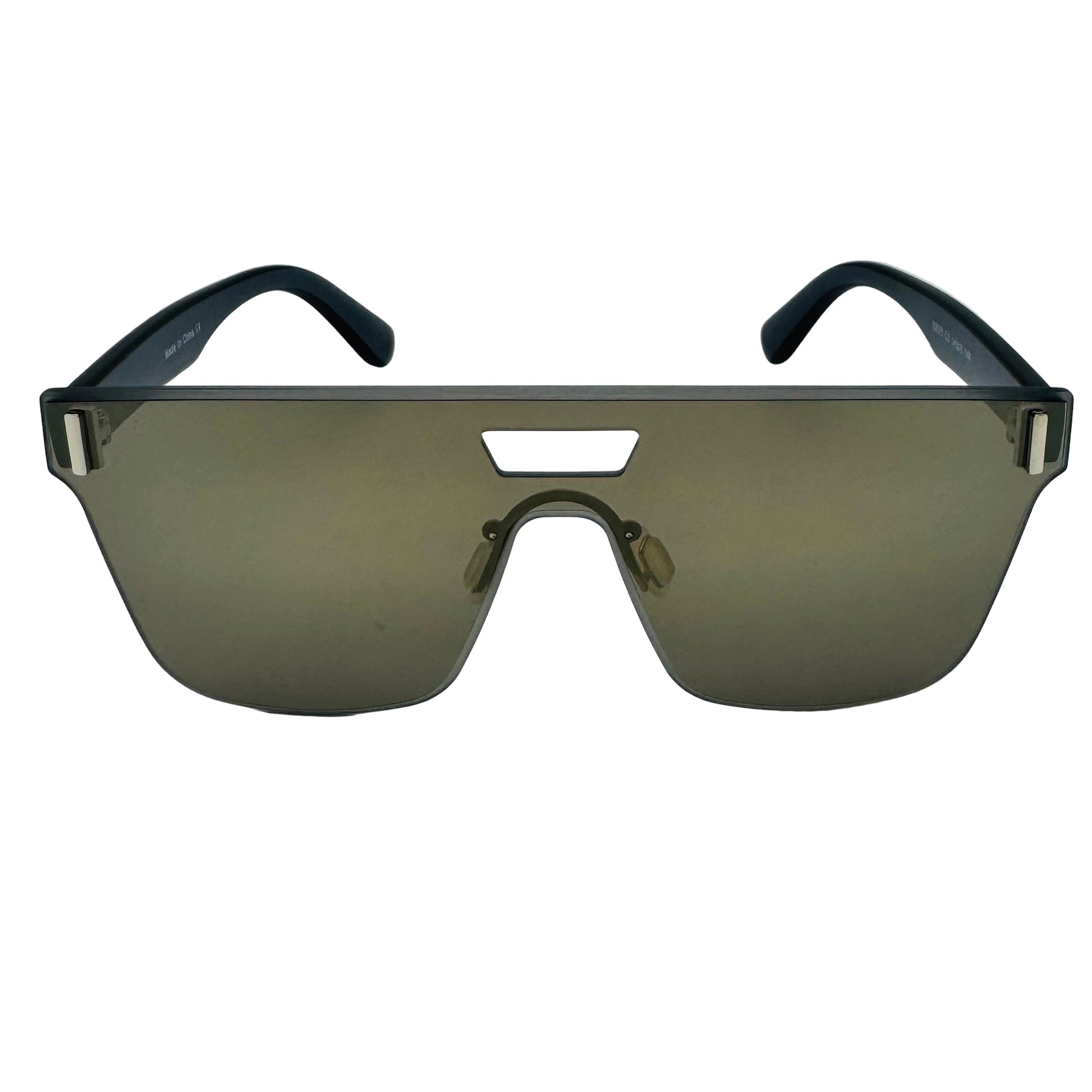 Sunglasses with a black frame and dark lenses on a light gray background