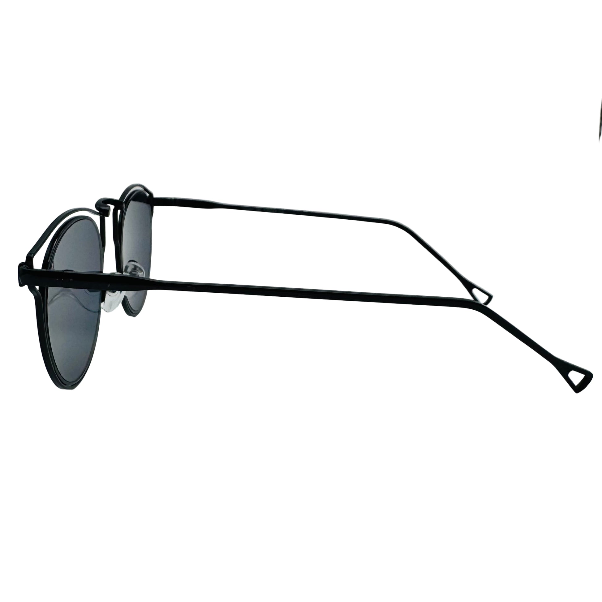 Black sunglasses with a thin frame on a light gray background