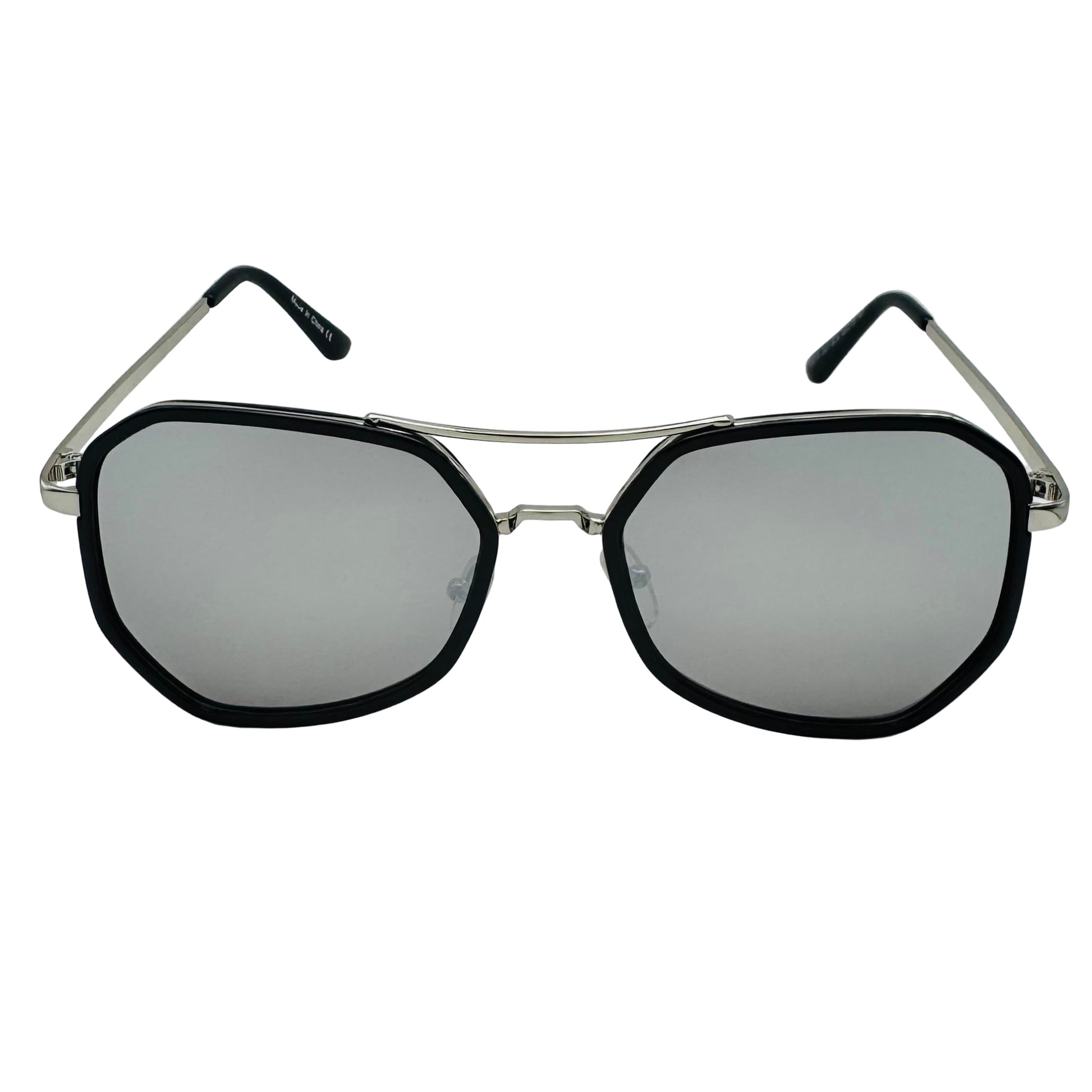 Sunglasses with black frames and reflective lenses on a white background