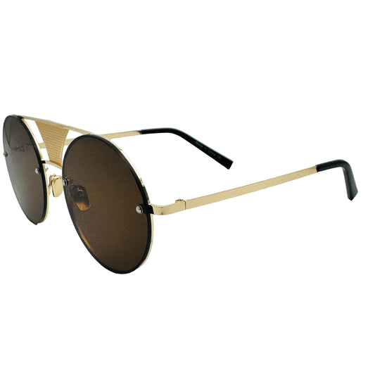 Sunglasses with gold frame and dark lenses on a light gray background
