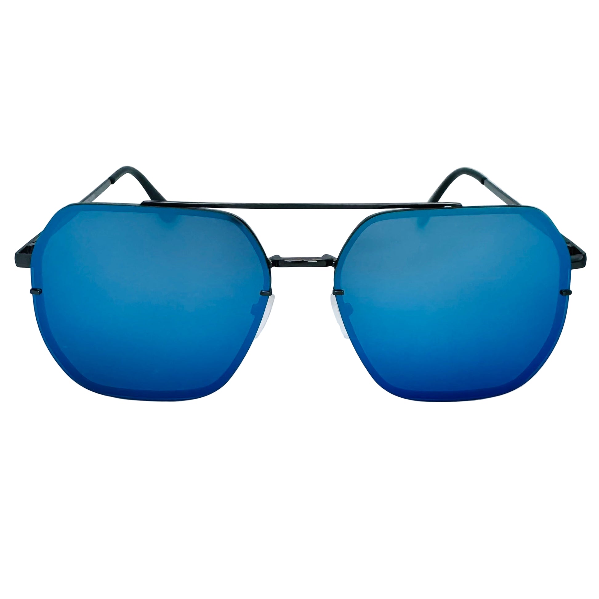Blue sunglasses with black frames on a light blue background