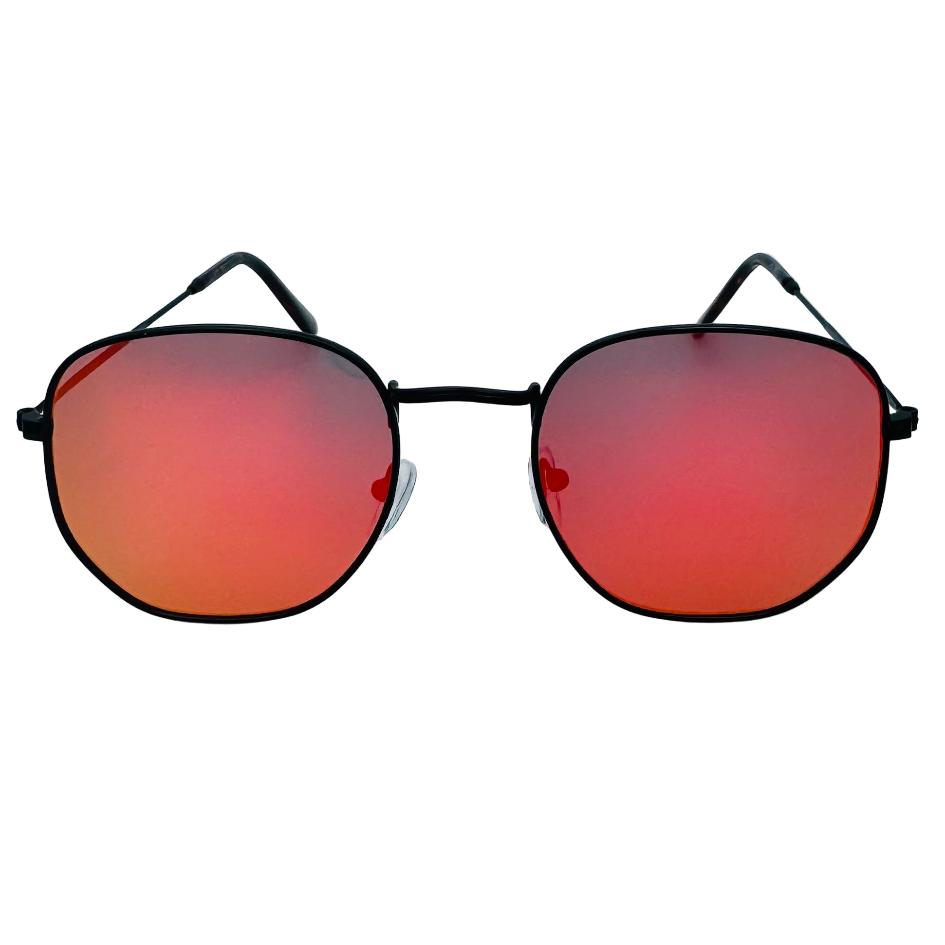 Sunglasses with red lenses and black frames on a light gray background