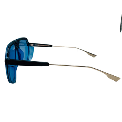 Sunglasses with blue lenses and black frames on a light gray background