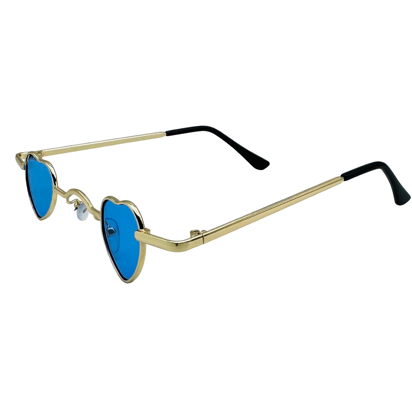 Heart-shaped sunglasses with gold frame and blue lenses on a light gray background