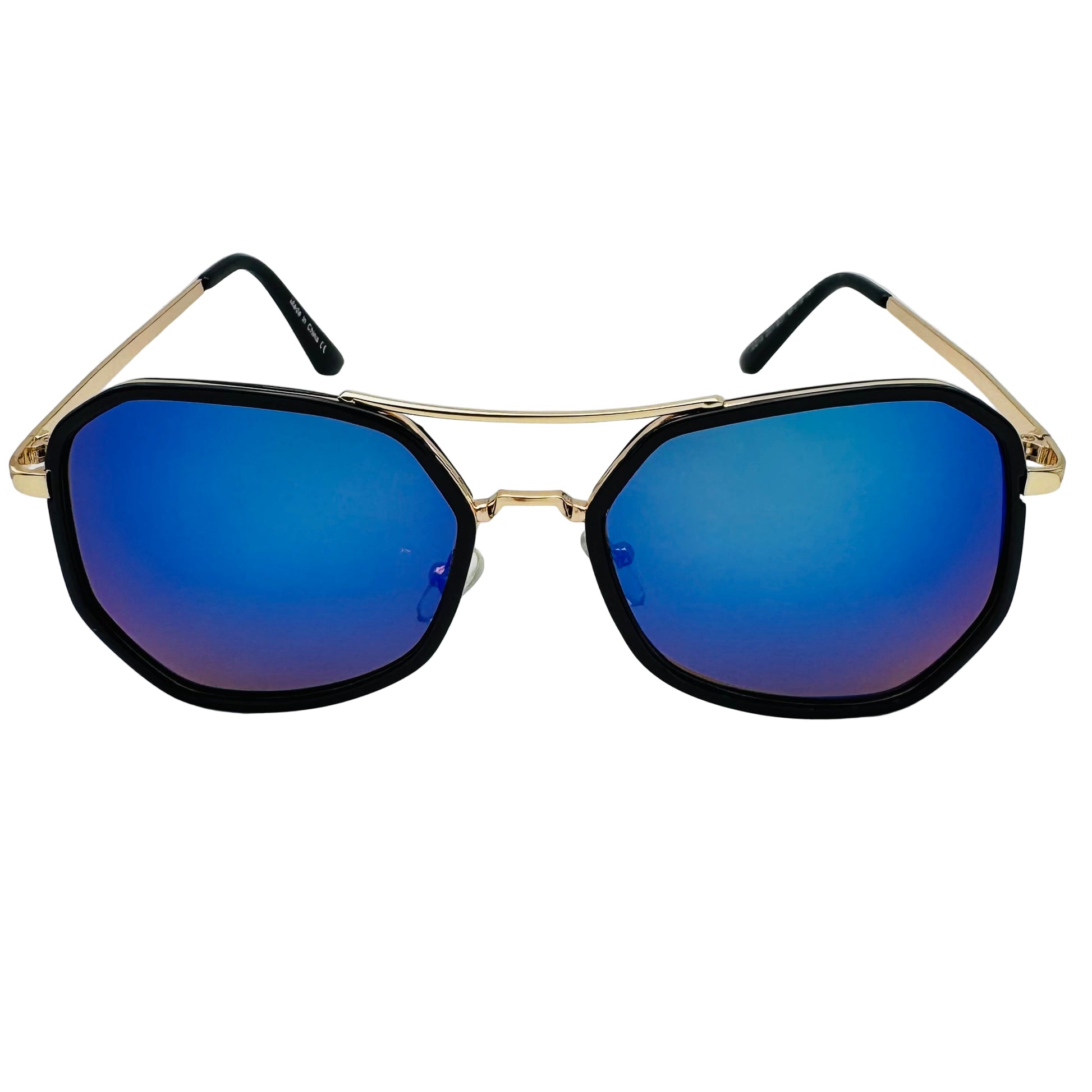 Sunglasses with blue reflective lenses and gold frame on a white background