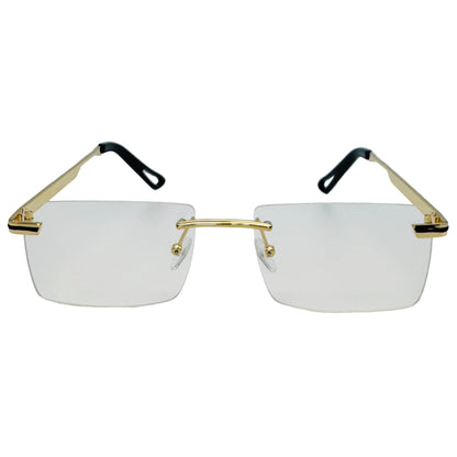 Gold-framed rimless glasses on a light gray background