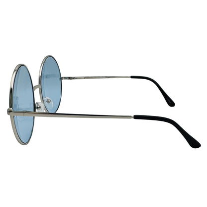 Sunglasses with black frames and blue lenses on a light gray background