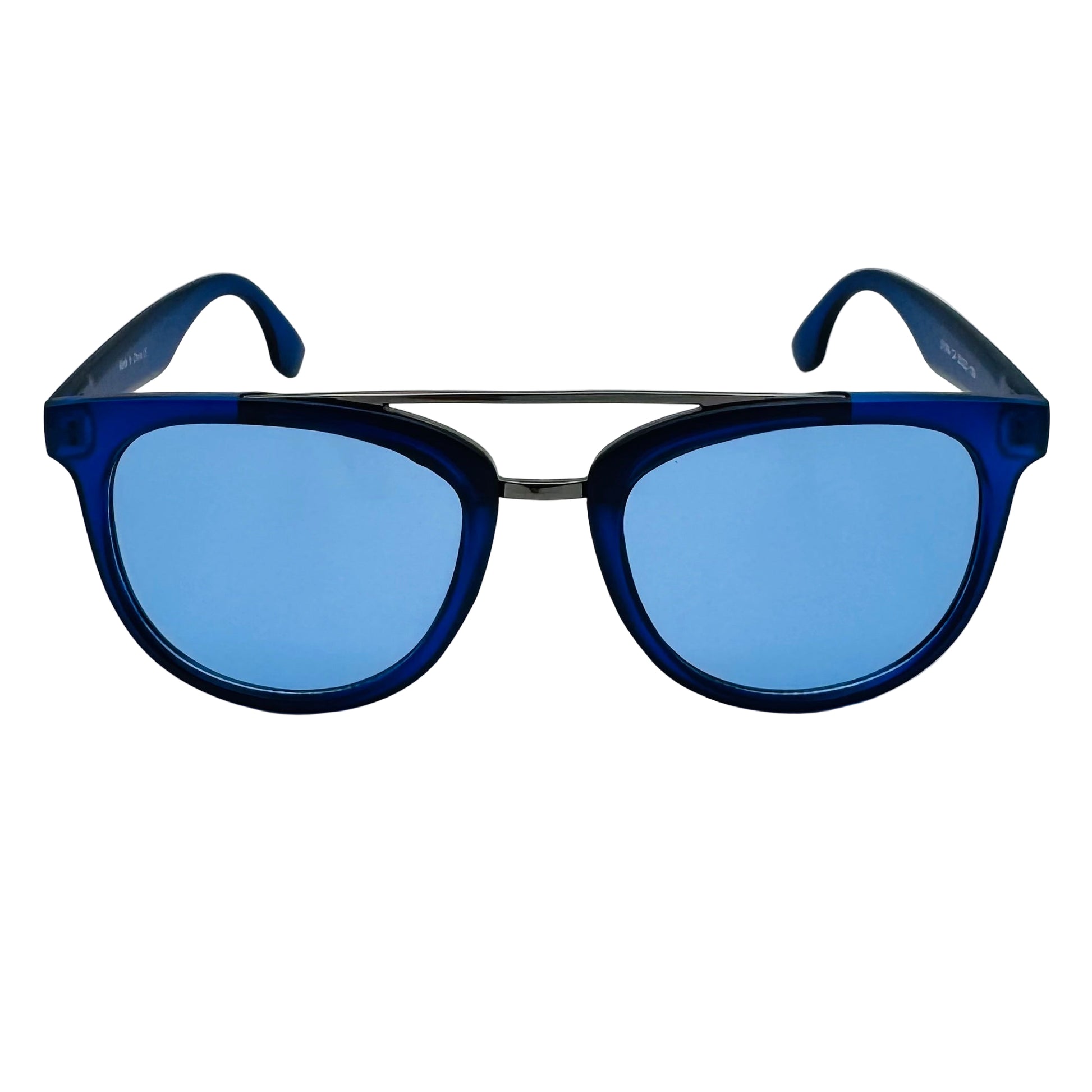 Blue sunglasses with a clear background