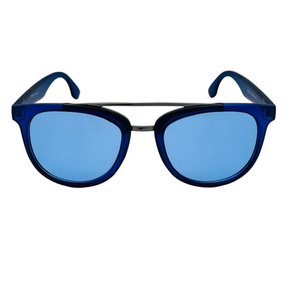 Blue sunglasses with a clear background