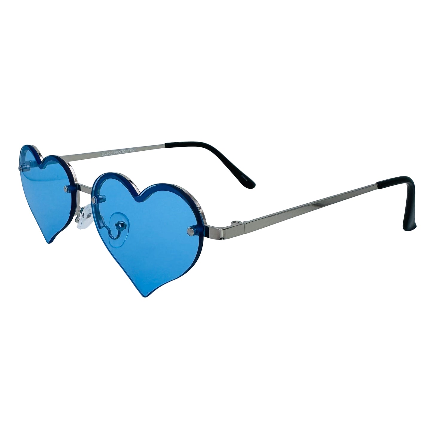 Heart-shaped blue sunglasses on a light gray background