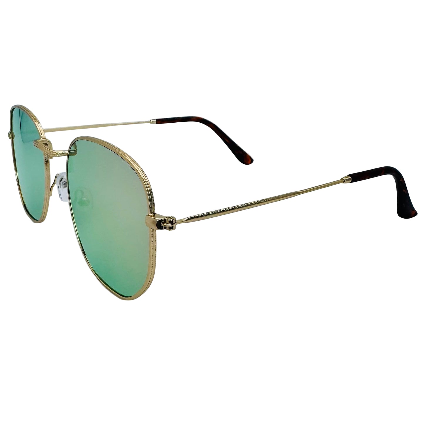 Gold-framed sunglasses with green lenses on a light gray background