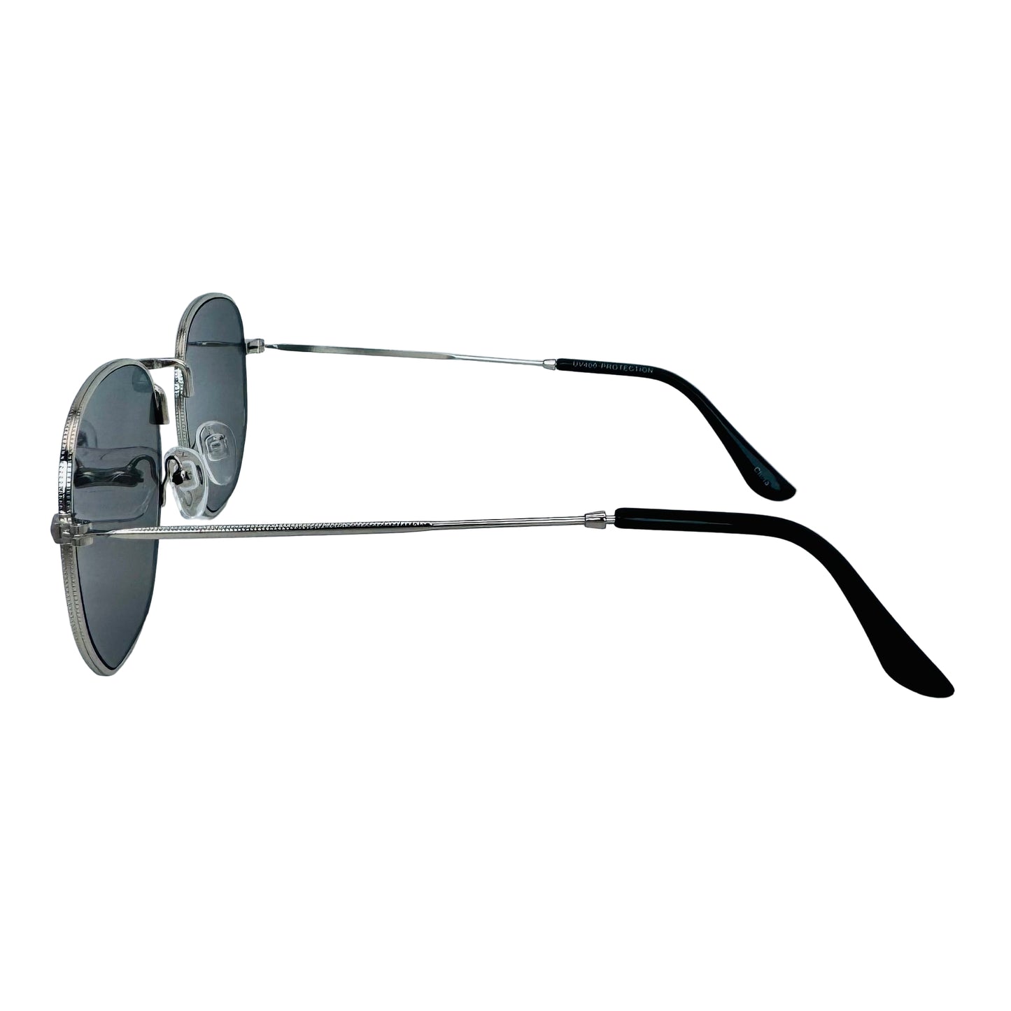 Sunglasses with black frames and reflective lenses on a light gray background