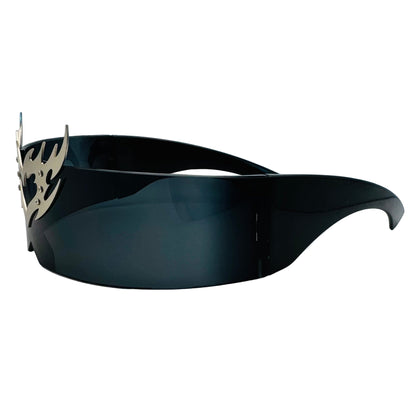 Black visor with metallic butterfly design on a light gray background