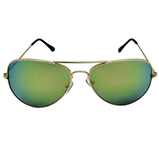 Aviator sunglasses with gold frame and green lenses on a white background