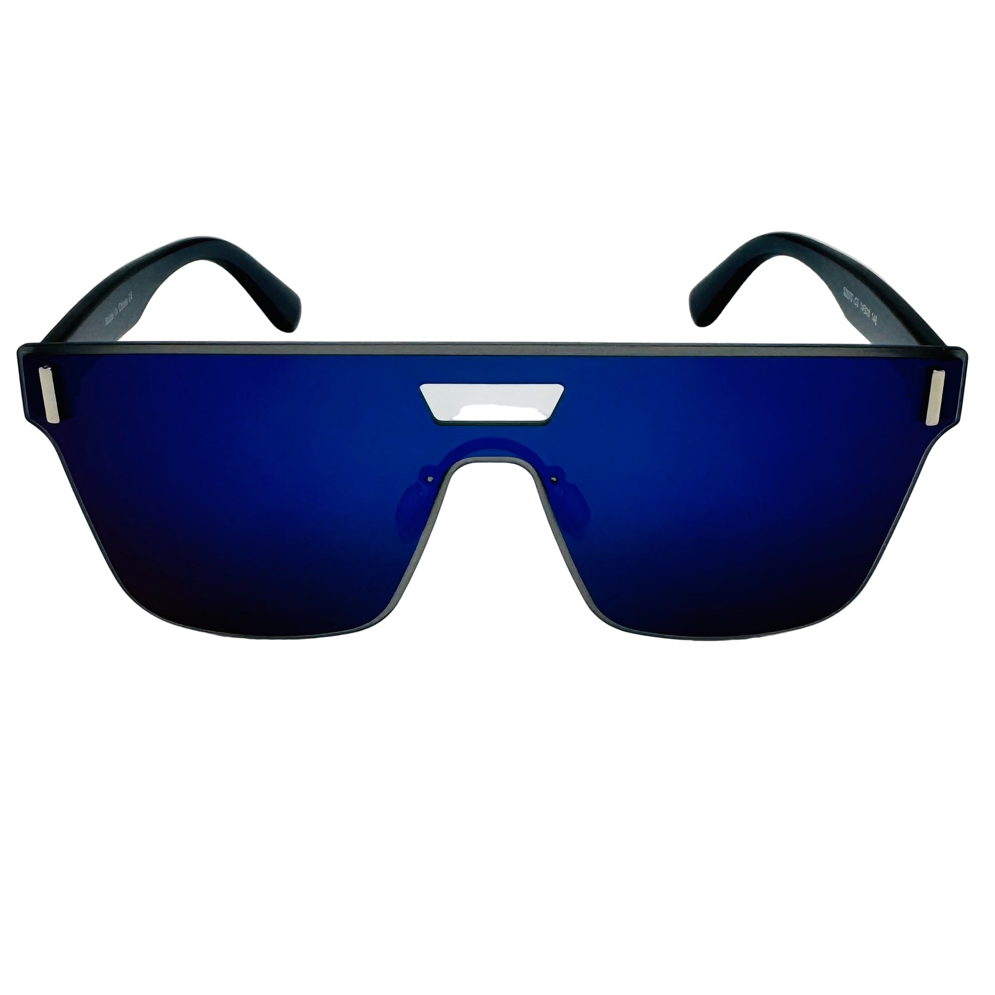 Sunglasses with blue reflective lenses on a white background