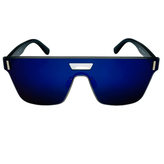 Sunglasses with blue reflective lenses on a white background