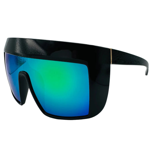 Black sunglasses with blue and green reflective lenses on a white background