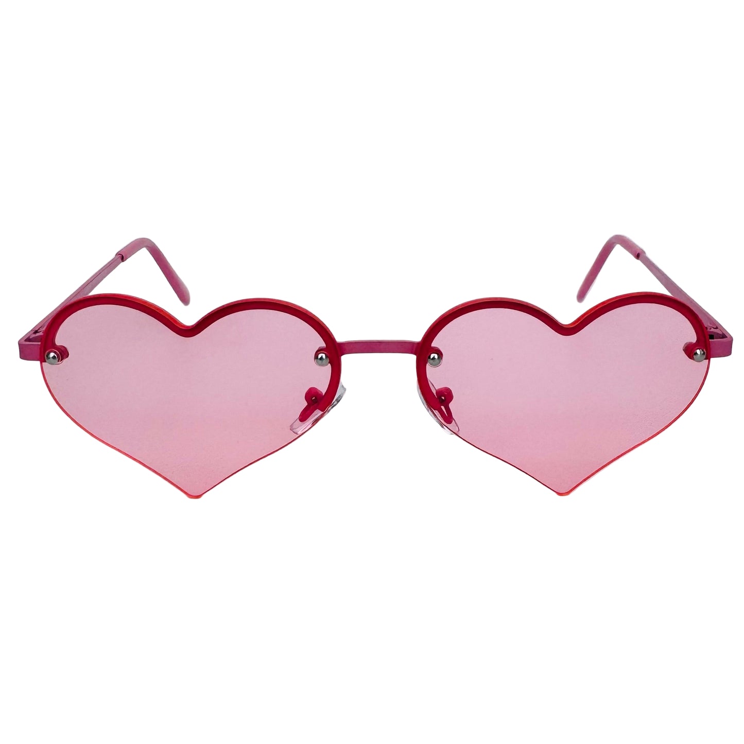 Heart-shaped sunglasses with pink frames on a light gray background