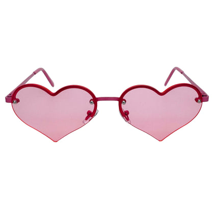 Heart-shaped sunglasses with pink frames on a light gray background