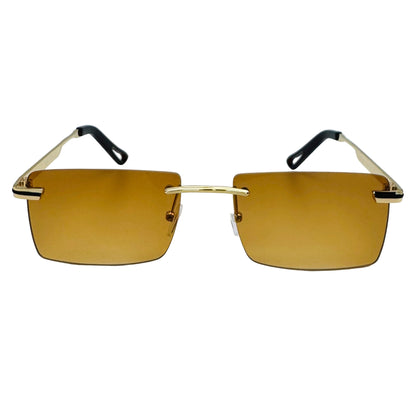 Gold sunglasses with gold lenses on a light gray background