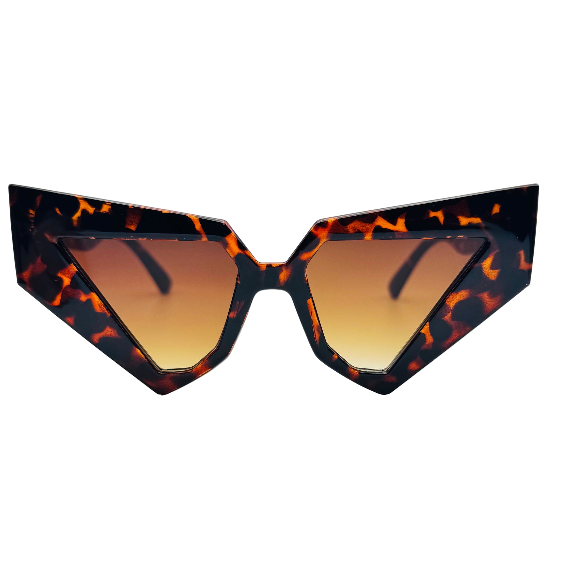 Sunglasses with tortoiseshell frame and brown lenses on a light gray background