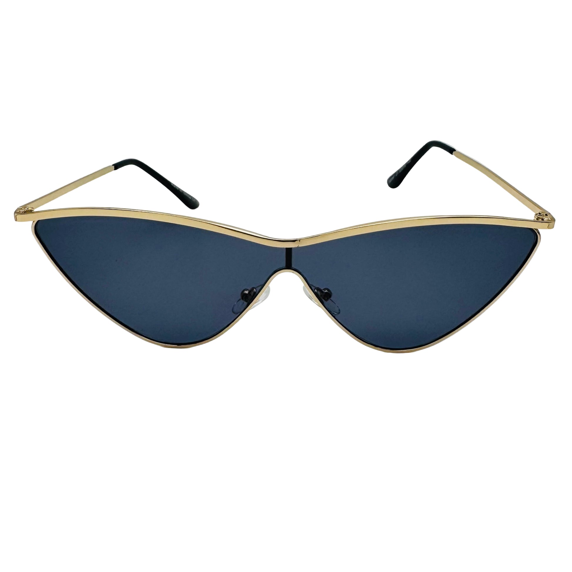 Sunglasses with gold frame and dark lenses on a white background