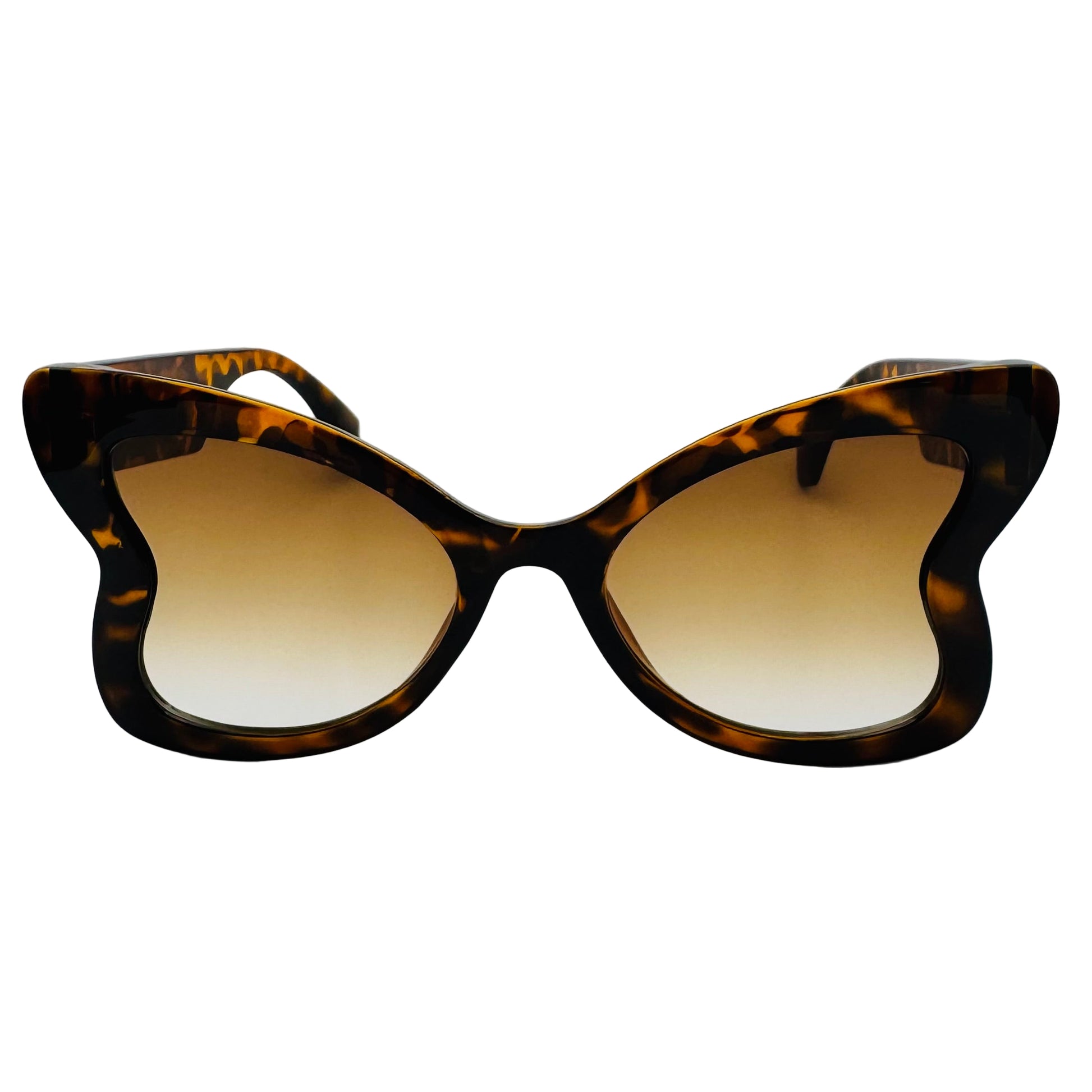 Cat-eye sunglasses with tortoiseshell frame and brown lenses on a white background