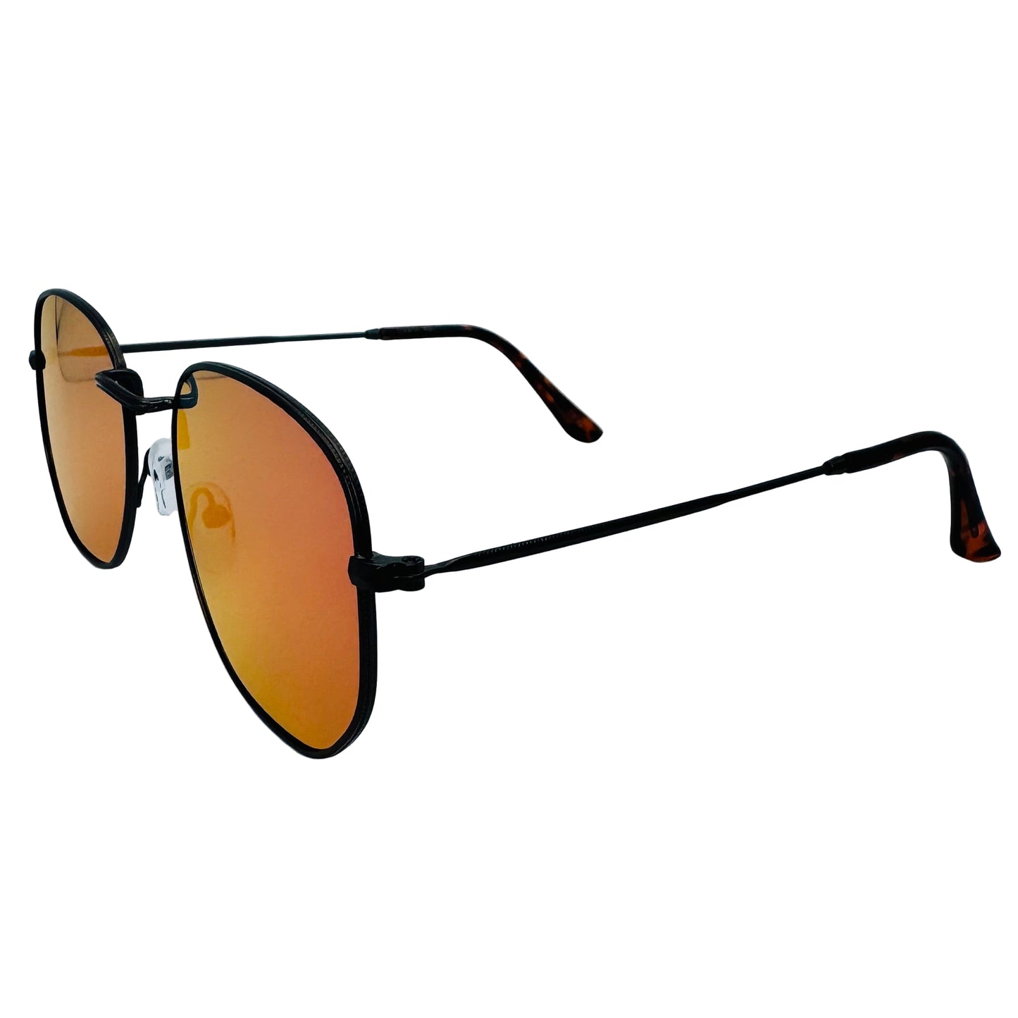Sunglasses with black frame and orange-tinted lenses on a light gray background