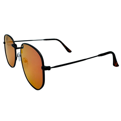 Sunglasses with black frame and orange-tinted lenses on a light gray background