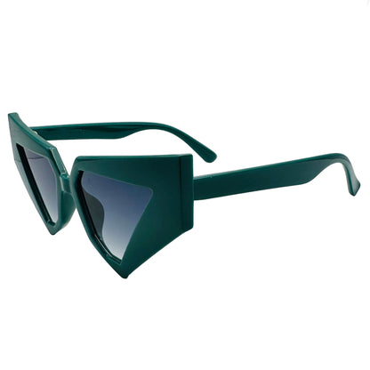 Green sunglasses with a geometric frame on a light gray background