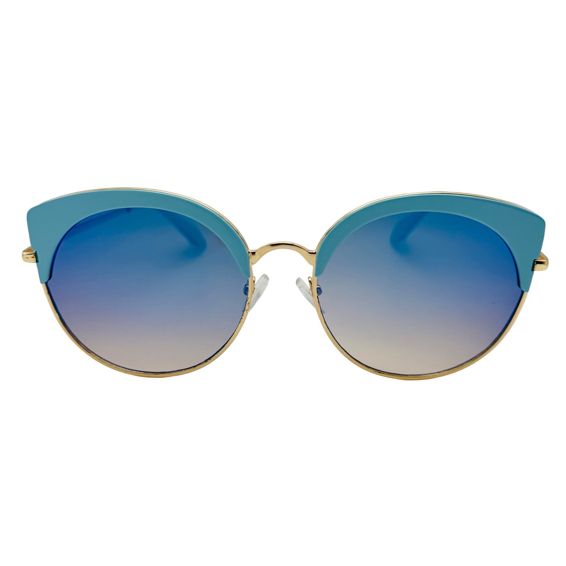 Sunglasses with blue gradient lenses and gold frame on a white background