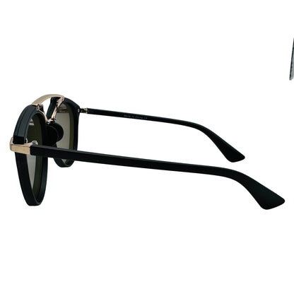 Black sunglasses with gold accents on a white  background