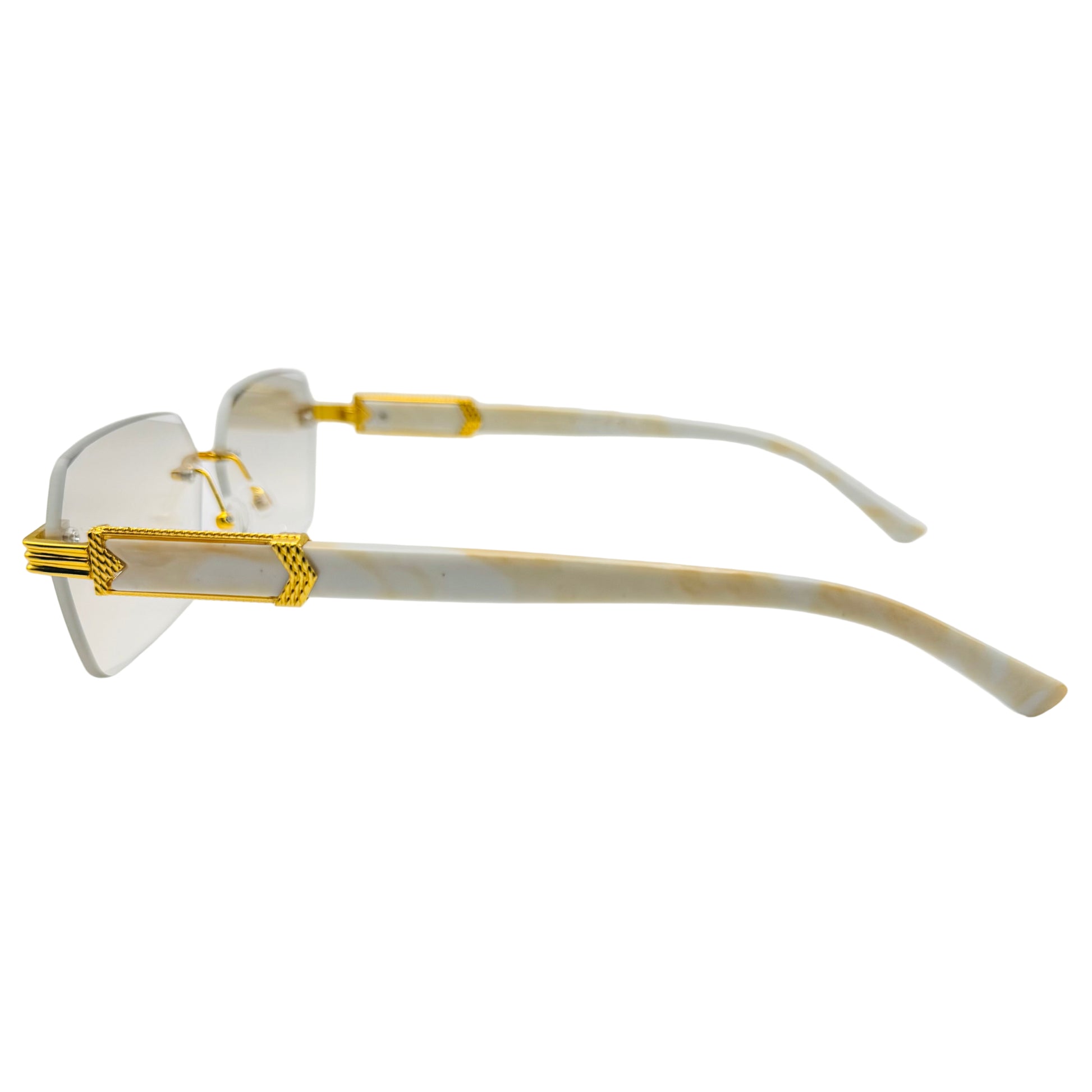 Gold-framed eyeglasses with clear lenses on a white background