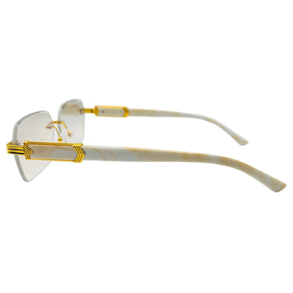 Gold-framed eyeglasses with clear lenses on a white background