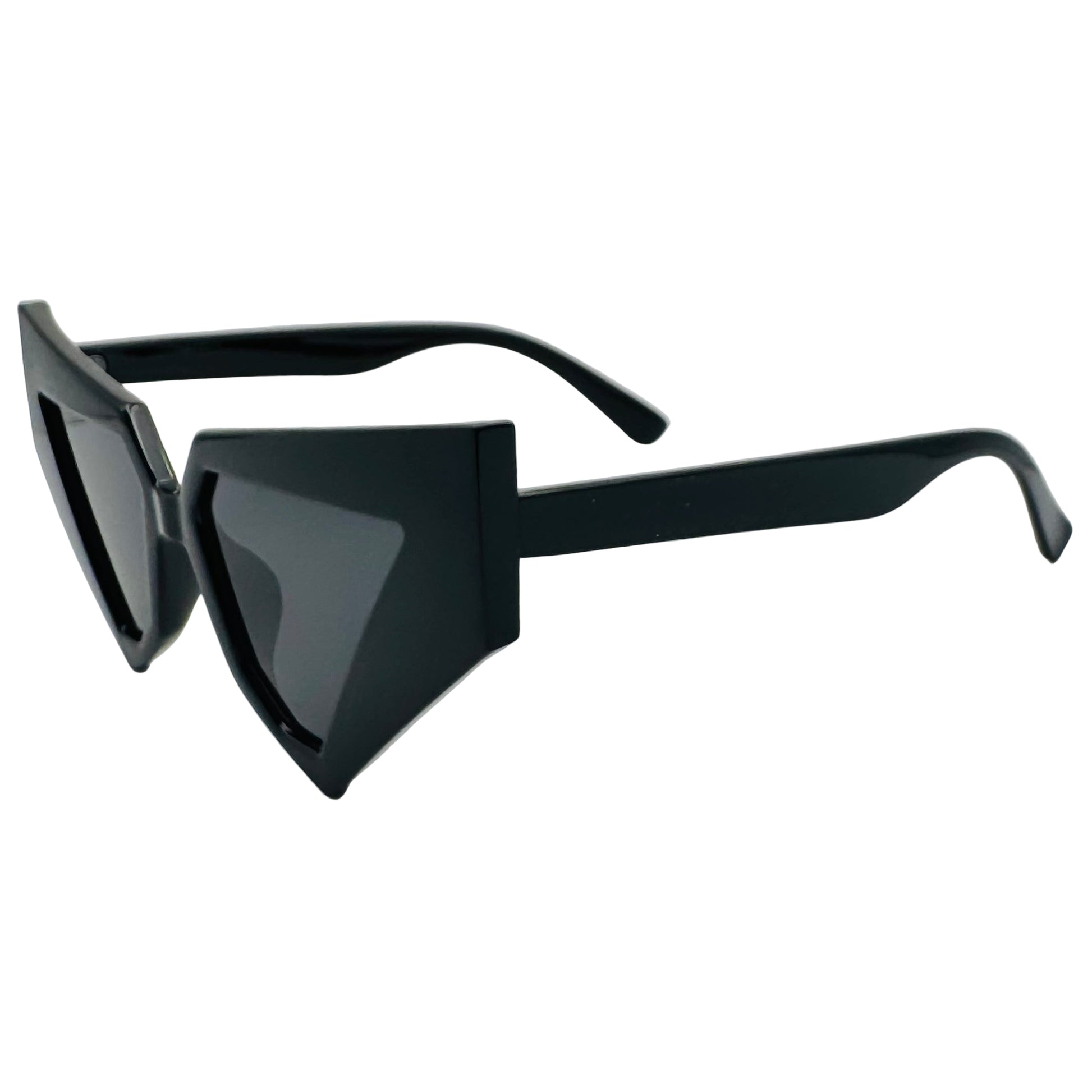 Black sunglasses with a geometric frame on a light gray background