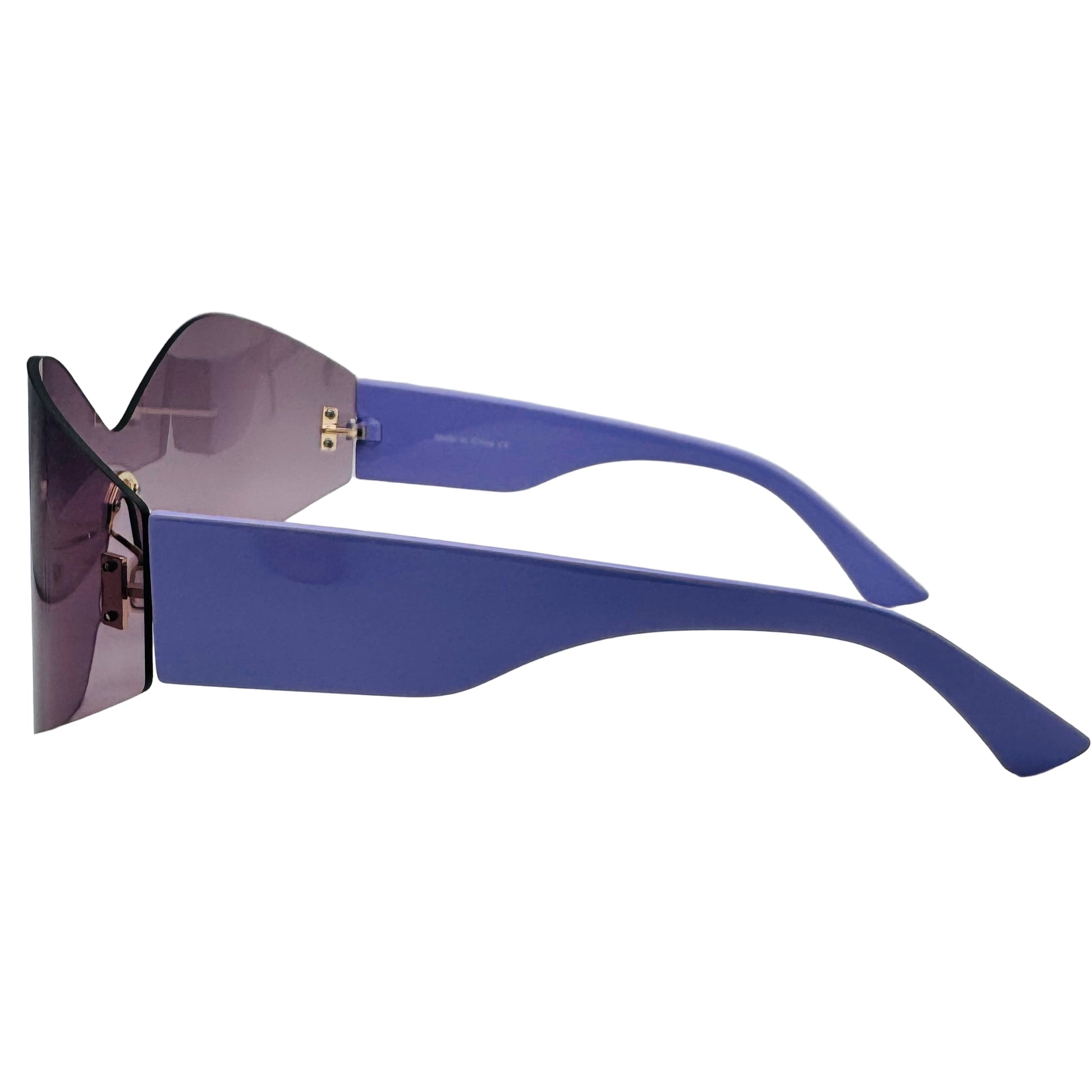 Purple sunglasses with a reflective surface on a white background