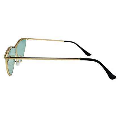 Sunglasses with gold frame and black arms on a white background