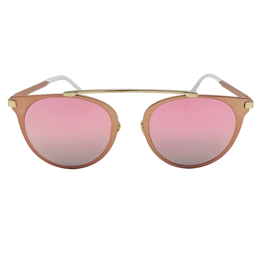 Sunglasses with pink lenses and gold frames on a light gray background