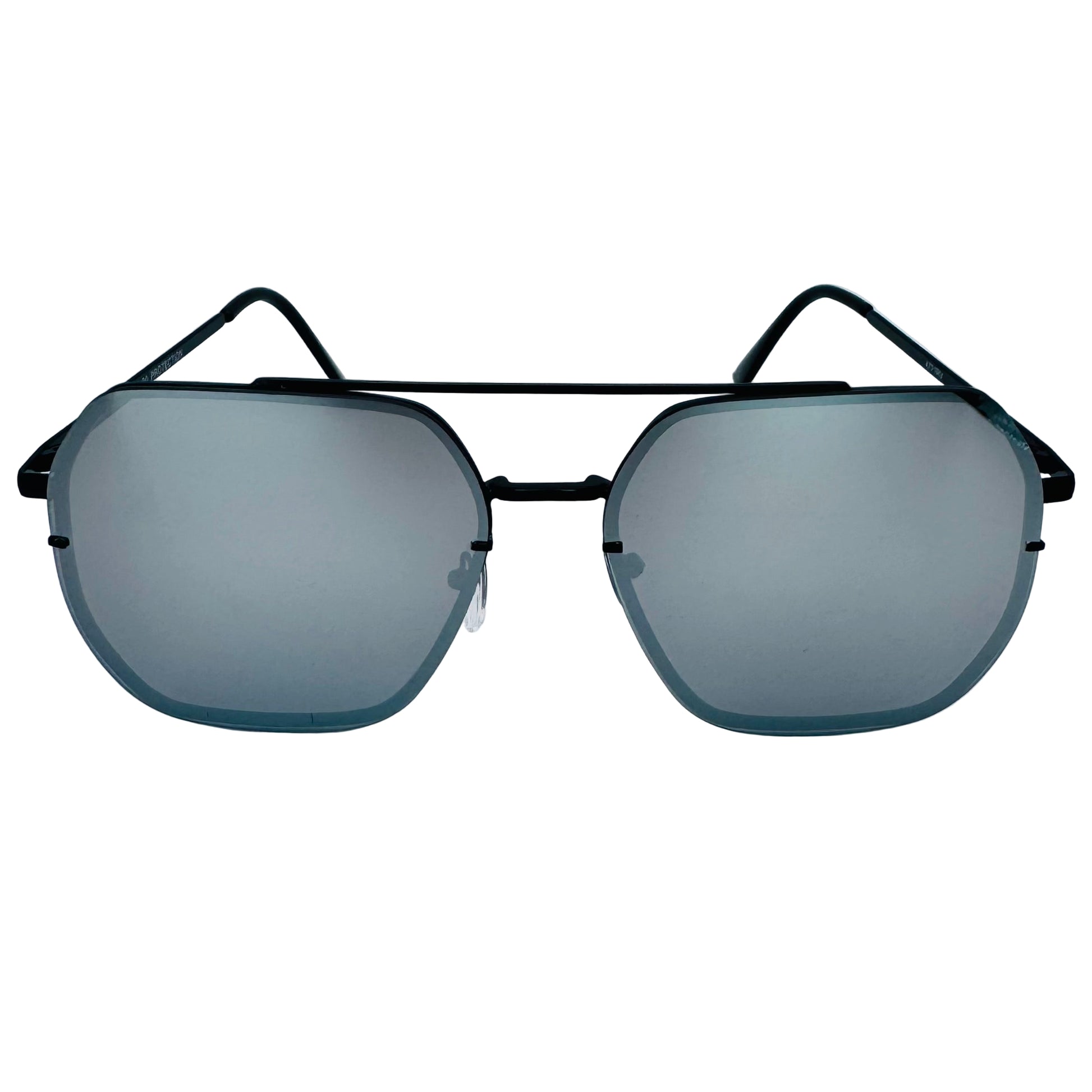 Sunglasses with black frame and reflective lenses on a light blue background
