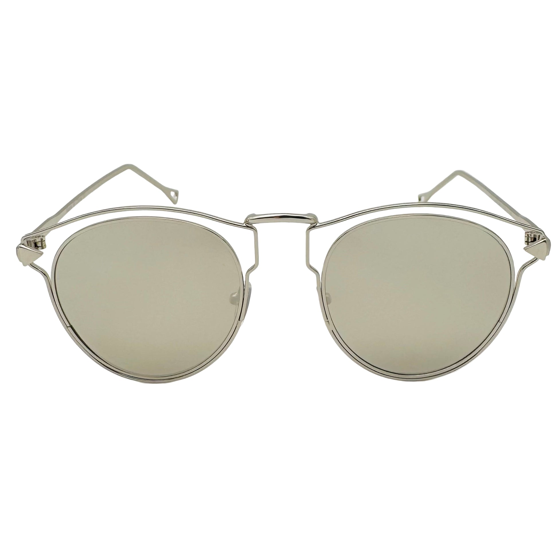 Silver-framed sunglasses with reflective lenses on a white background