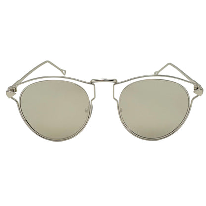 Silver-framed sunglasses with reflective lenses on a white background
