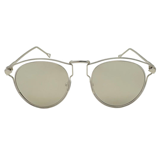 Silver-framed sunglasses with reflective lenses on a white background