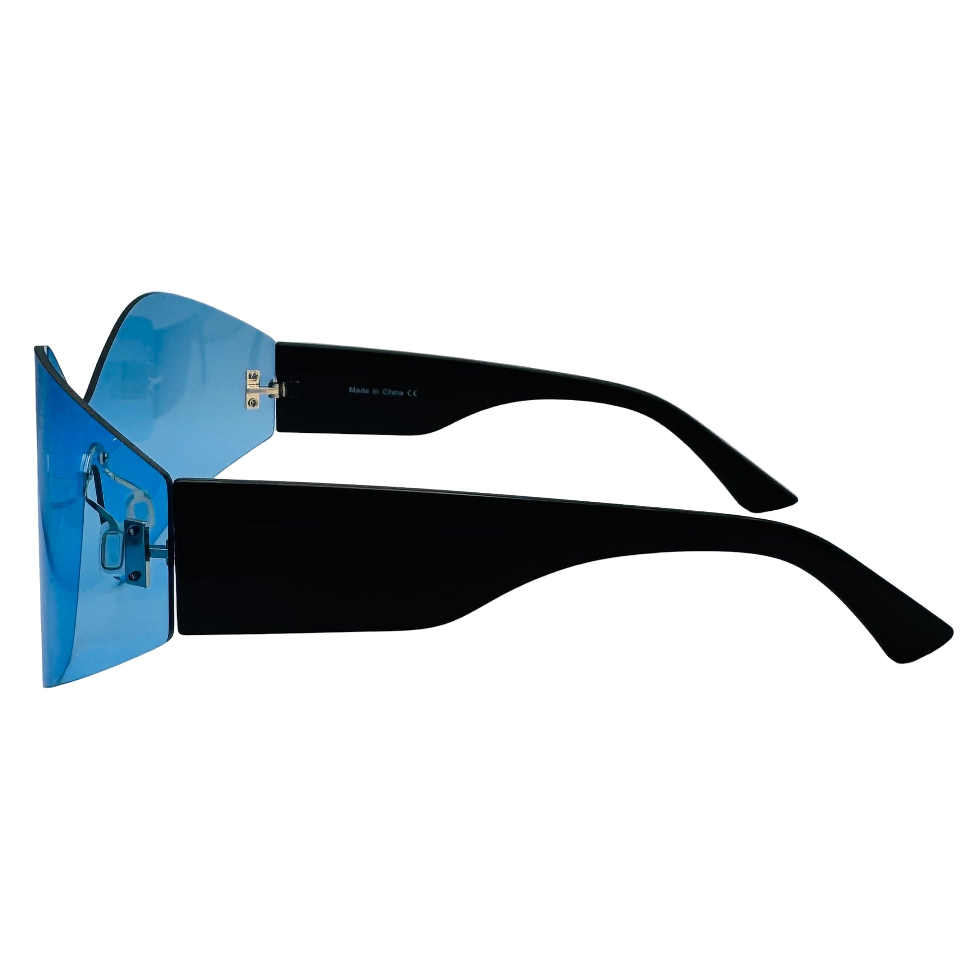 Sunglasses with blue reflective lens and black frame on a white background