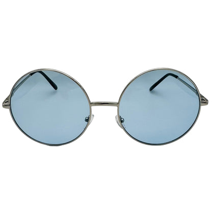 Round sunglasses with blue lenses on a light gray background
