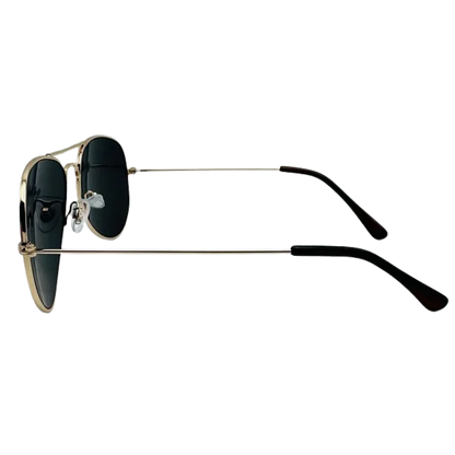 Aviator sunglasses with black lenses and gold frames on a white background