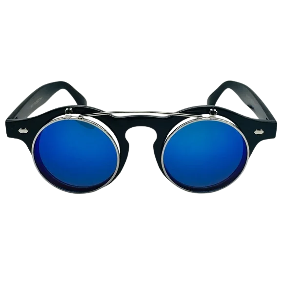 Round sunglasses with blue lenses and black frames on a white background