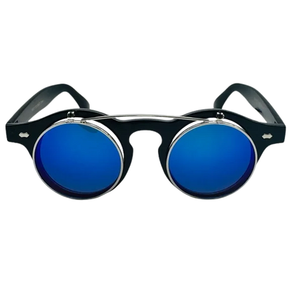 Round sunglasses with blue lenses and black frames on a white background
