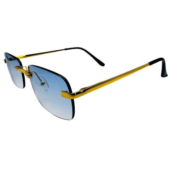 Sunglasses with gold frame and blue gradient lenses on a white background