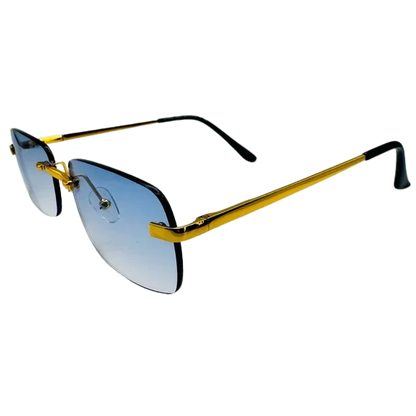 Sunglasses with gold frame and blue gradient lenses on a white background